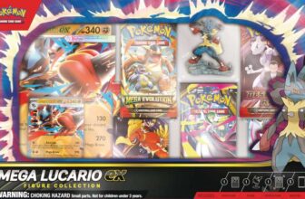 Pokémon TCG: Mega Lucario ex Figure Collection (1 Etched Foil Promo Card, 1 Oversize Promo Card, 5 Booster Pack – Invite Only