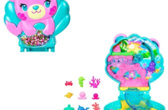 Polly Pocket Dolls and Playset, Glitter Island Compact, Travel Toy with 1 Micro Mermaid Doll, Ocean Pets & Themed Accessories
