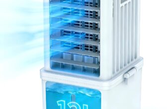 Portable Air Conditioner, 4-in-1 Evaporative Air Cooler Fan, 70W Space-Saving Design, 12L Water Tank, 3 Ice Packs, 3 Speeds, 60 Oscillation, 46dB Quiet, Pet-Friendly Cooling for Home & Office