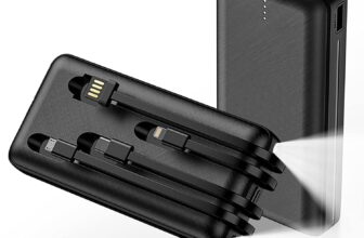 Power Bank Built-in Cable, 20000mAh Fast Charging Portable Charger with Flashlight & 4 Outputs,USB C External Battery Pack for iPhone 16 15 14 Android and More (Black)