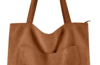 Prite Corduroy Tote Bag for Women Large Shoulder Bag with Zipper and Pockets for College School Work Travel Shopping (Brown 2)