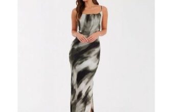 QUIZ Light Khaki Satin Marble Print Midaxi Dress