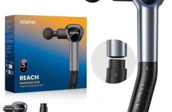 RENPHO Reach Handle Massage Gun with 5 Speed 4 Head,Mini Massage Gun with Extension Handle, Grey