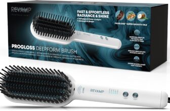 REVAMP Deepform Ceramic Straightening Brush – Hair Straightening Paddle Hot Brush, Ionic Technology, Extra Long Heated Bristles for Frizz Free Hair, Oil Infused for Salon Professional Shine, White