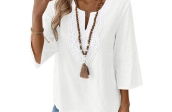 Rapbin Womens Tops 3/4 Sleeve v Neck Cotton Linen Casual Blouse