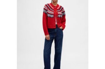 Red Fuzzy Fair Isle Pattern Cardigan