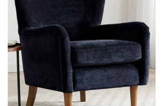 Roberta Navy Chenille Wingback Armchair with Walnut Legs