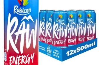 Rubicon RAW 12 Pack Raspberry & Blueberry 500ml Energy Drink, 20% Real Fruit Juice, High caffeine with B-Vitamins – (S&S £8.95)