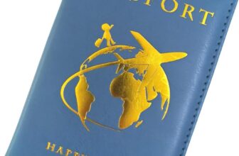 RuiChy Happy Travel Passport Holder, Universal PU Leather Passport Cover for Women Men, Gold Foil Printed Portable Travel Wallet Case Organiser for Tickets Boarding Passes Credit Cards (Blue)