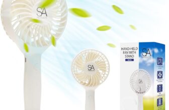 SA Products Handheld Fan with 3 Speeds 3000 mAh USB Rechargeable Portable Mini Fan with Stand Desk & Handheld Use White