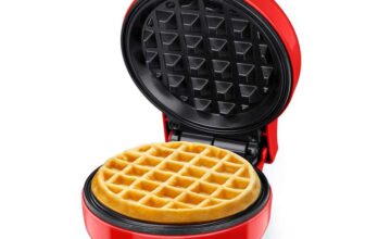 SNAILAR Mini Waffle Maker, 550W Waffle Iron, Ready Indicator Light, Non Stick Coating, Cool Touch Handle, Compact Size, Red