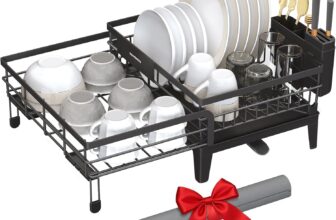 SONGMICS Dish Drying Rack, Dish Drainer for Kitchen Counter, 360Rotatable and Extendable Spout, Drainboard, with Cutlery Holder, 31-56 x 42 x 20 cm, Ink Black KCS552B01