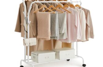 SONGMICS Double Hanging Clothes Rail with Wheels, Heavy-Duty, White