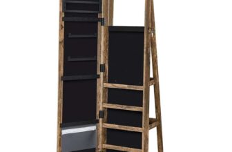 SONGMICS Jewellery Organiser, Freestanding Jewellery Cabinet with Full-Length Mirror, 360Swivel, Storage Shelf, Lockable with Keys, Brown