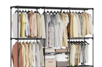 SONGMICS Portable Closet Wardrobe, 5 Hanging Rods, Black, 205x43x166cm, RYG035B01