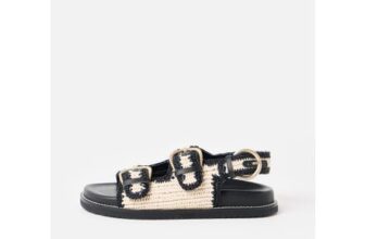 Save £40 on Cream & Black Raffia Double Buckle Chunky Sandals at Oliver Bonas