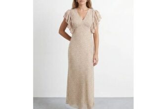 Save 50% on Polka Dot Print Ruffled Sleeve v Neck Maxi Dress at Warehouse