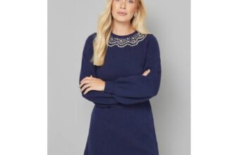 Save 70% on Petite Navy Embellished Knitted Shift Dress at Wallis