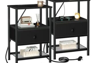 Set of 2 with Charging Station, Nightstand with Fabric Drawer