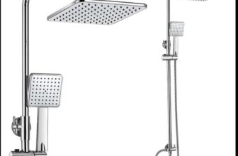 Shower Riser Rail Kit with Rainfall and Handheld Square Shower Heads, Shelf and Hoses – Chrome GO-9-4