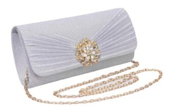 Silver Clutch with Diamante Buckle and Detachable Chain