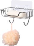 Soap Dish, Stainless Steel Soap Holder Adhesive with Hook for Shower Bathroom Kitchen