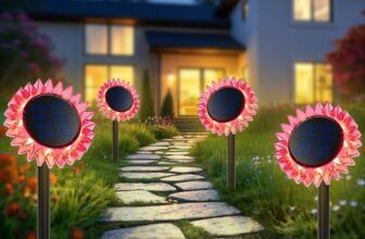 Solar Sunflower Garden Lights 4 Pack, IP67 Waterproof Outdoor LED Pathway & Fence Decoration
