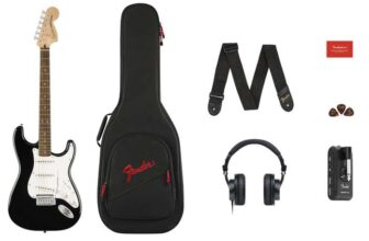 Squier by Fender Affinity Series Stratocaster Electric Guitar & Mustang Micro Pack in Black. Includes Gig Bag, Strap, Headphones, Picks