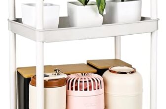 Storage Trolley Cart 4 Tier Plastic Rolling Storage Rack, Mobile Storage Shelving Organizer Utility Cart Snack Cart Trolley for Kitchen, Bathroom, Laundry Room, Bedroom,White with Hooks