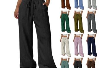 Striped Linen Wide-Leg Palazzo Trousers with Pockets, Elasticated Waist