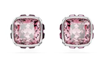 Swarovski Birthstone Stud Earrings, Square Cut, October Pink Rhodium Plated