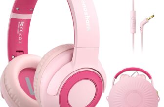 TONOSHARK Kids Headphones Wired, Toddler Headphones with Microphone, Volume Limited to 85/94 Db, Over Ear, 3.5mm Jack, Foldable Headset, For School & Travel, Includes Headphone Case (pink)