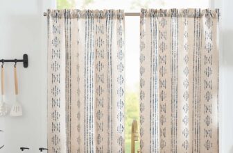 TOPICK Boho Linen Blend Kitchen Curtains 36 Inch Drop Small Cafe Curtains Light Filtering Tier Curtain for Bathroom RV Baset Sink Cupboard Rod Pocket Blue on Beige 2 Panels