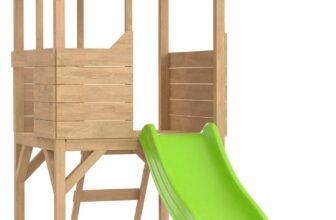 TP Toys Treehouse Wooden Play Tower With Wavy Slide & Slide Lock With Ladder, Shaded Sand Or Ball Pit And Slide. Made From FSC Certified European Wood. Garden Playhouse For Kids – 3 Years, Brown