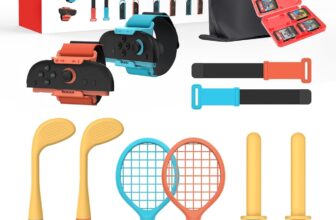 TRANSNOVO 12 in 1 Switch Sports Accessories Bundle Set for Nintendo Switch/OLED/Switch 2, Sports Games Family Kit with Golf Clubs, Tennis Rackets, Swords, Wrist & Leg Straps, Carry Bag Included