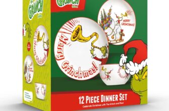 The Grinch Merry Grinchmas 12-Piece Porcelain Dinner Set, 27cm Dinner Plates, 20cm Side Plates, 14cm Bowls, Christmas Collection, Microwave and Dishwasher Safe, Green