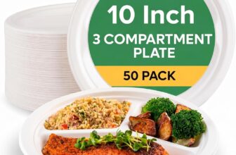 The Happy Garden Bagasse Plates 3 Compartment (10 Inch, Pack of 50) – Compostable Sugarcane Disposable Plate, Heavy Duty, Microwave & Freezer Safe, Ideal for Parties