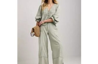 Together Sage 100% Cotton Lace Trim Wide Leg Trousers