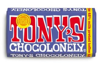 Tonys Chocolonely Dark Milk Pretzel Toffee Chocolate Bar – 180g Belgian Fairtrade Chocolate, Gift, 42% Cocoa, Vegetarian w/ Voucher