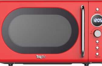 Total Chef Microwave Oven 20L Retro 700W Mini Ovens Digital LED Display 8 Preset Modes 5 Cooking Power Levels 60 Min Timer Turntable Removable Glass Countertop Freestanding Small Microwaves Red