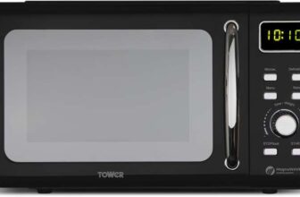 Tower Digital Microwave with Sleek Mirror Door, 800W, 20L, Black & Chrome, T24041BLK