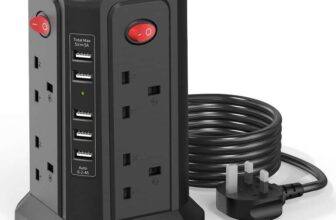 Tower Extension Lead with USB Slots and Night Light, (13A 3250W)5 USB Ports & 8 Way Socket Extension Tower 1.8m lead – Sold by XINH / FBA