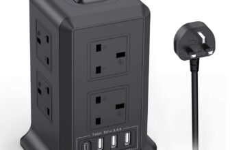 Tower Extension Leads with 4 USB Slots, 5M Extension Lead with 8 Way Plug Extension Tower, Surge Protected Extension Lead with Switch, Multi Socket Extension Cord for Home, Office