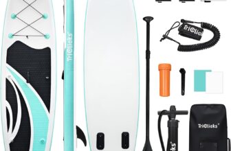 Triclicks 10ft Stand Up Paddle Boards Inflatable SUP Board Surfboard – Beginners Kit. Adjustable Paddle, Air Pump With Pressure Guage, Fin, Repair Kit, Premium Leash & Rucksack