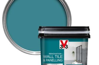 V33 Renovation Wall Tile Paint – No Undercoat – For High Moisture Surfaces Resistant To Temperature Variations – Lagoon Blue Satin 750ml