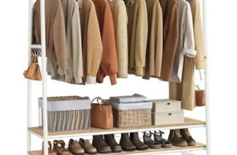 VASAGLE Clothes Rail with 2 Shelves, 6 S Hooks, Steel