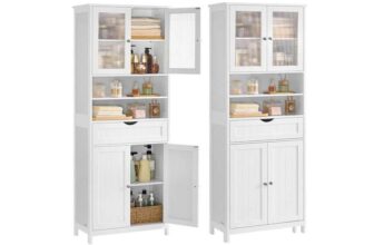 VASAGLE Freestanding storage cabinet with adjustable shelves and drawer w/code