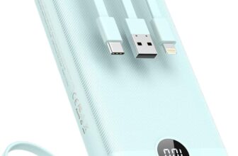 VEEKTOMX Power Bank with Built-in Cables, 20000mAh USB C Portable Charger with 5 Outputs & 2 Inputs and LED Display, External Battery Bank for iPhone 17/16/15/iPad/Samsung S22/21/20 and More, Blue