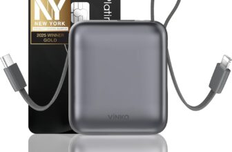 VINKO Small Power Bank with Built-in Cable,10000mAh Fast Charging Power Bank, 22.5W USB C Portable Charger, Mini Battery Pack for iPhone 16 15 14 13 Samsung Galaxy Google Android (Gray)