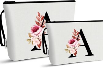 Vavabox 2 Pcs Initial Toiletry Bags Set,Birthday Gifts for Women,Travel Portable Makeup Bag with Handle (A, White)